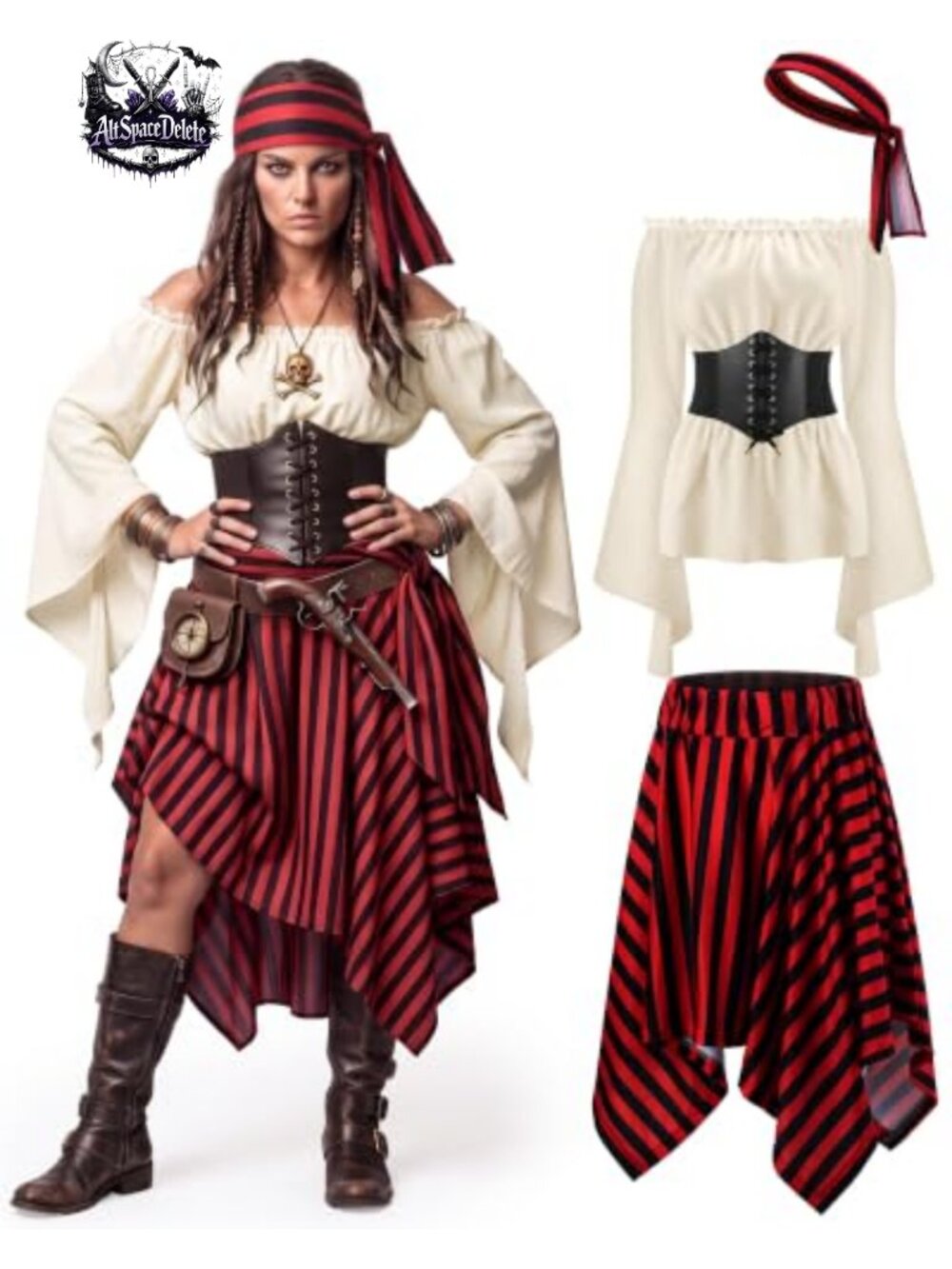 Women Pirate Costume 4 Piece Set Renaissance Blouse Corset Skirt Halloween